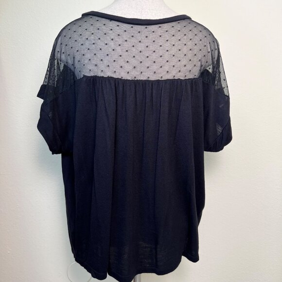 SOPRANO Black Sheer Polka Dot Mesh Panel Short Sleeve Top Size Large - Picture 6 of 9